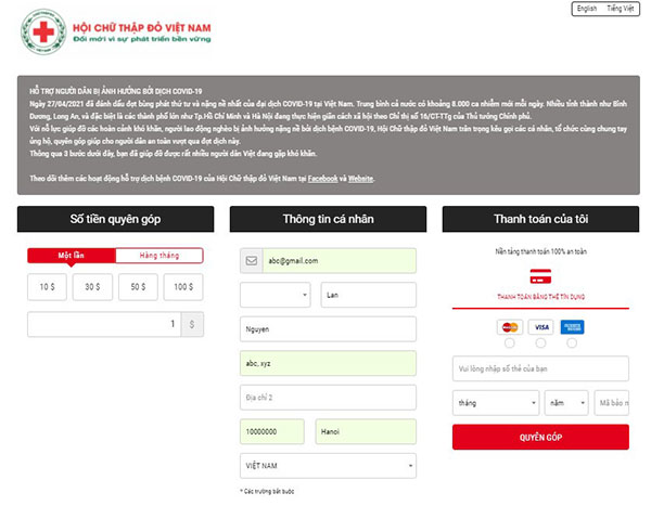 Hội Chữ thập đỏ Việt Nam thiết lập kênh Ủng hộ trực tuyến