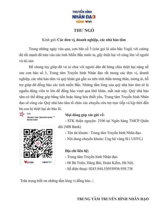 Trung tâm Truyền hình Nhân đạo: Kêu gọi hỗ trợ người dân bị ảnh hưởng bão số 3