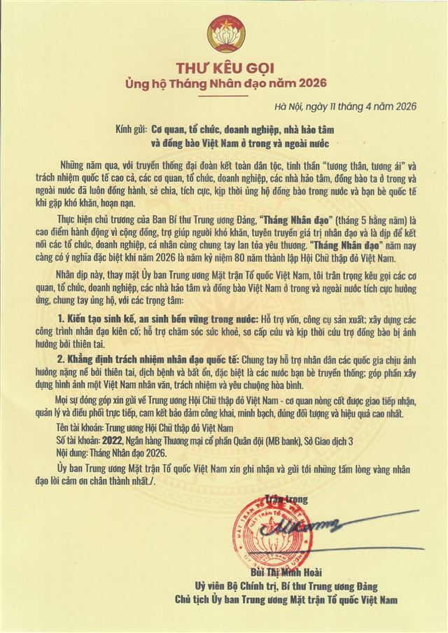 Thư kêu gọi ủng hộ Tháng Nhân đạo năm 2026