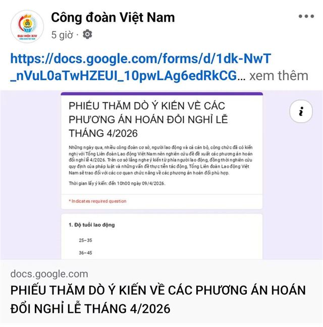 Lấy ý kiến về 3 phương án hoán đổi ngày nghỉ lễ Giỗ tổ Hùng Vương và 30/4 - 1/5