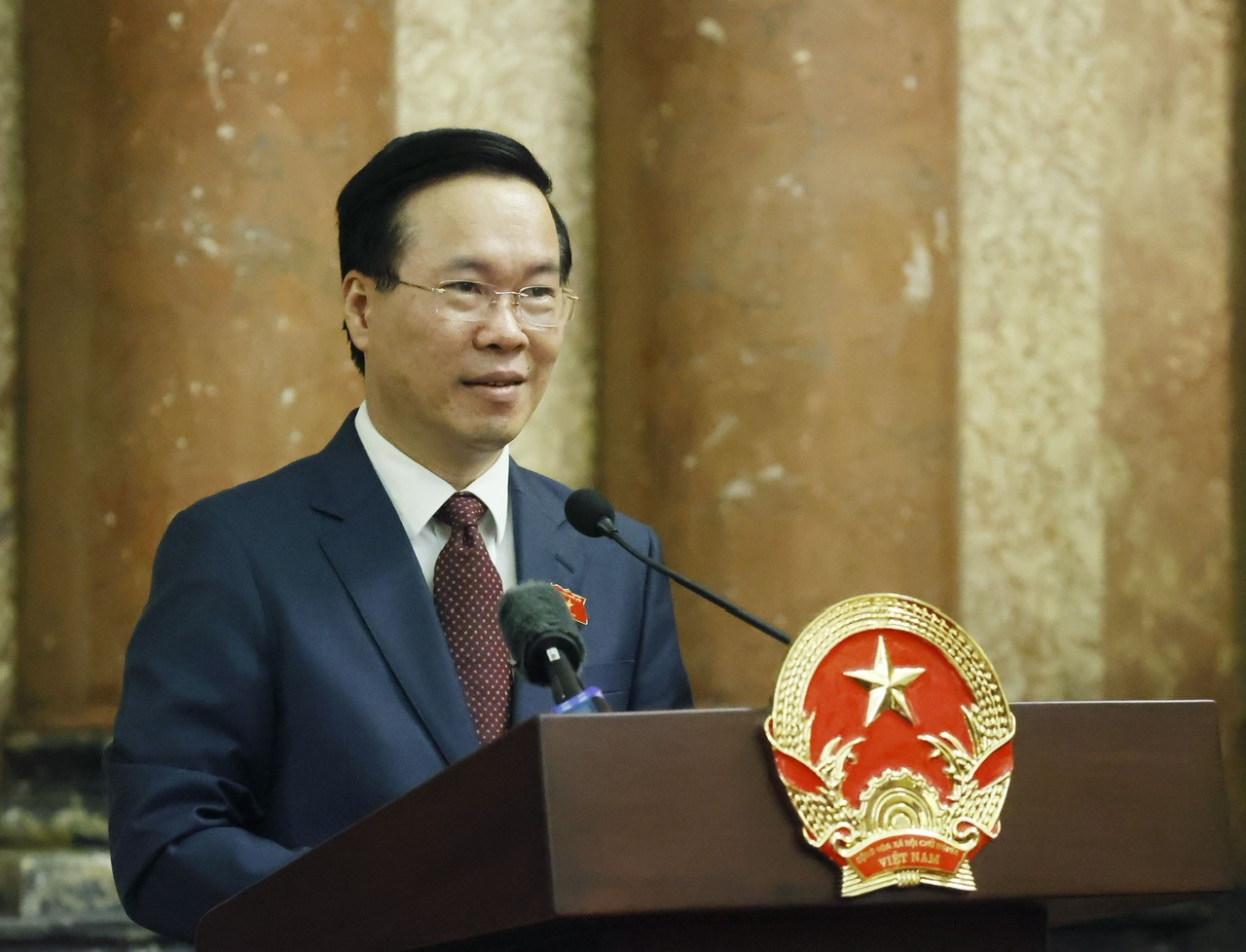 Chủ tịch nước Võ Văn Thưởng, Chủ tịch danh dự Hội Chữ thập đỏ Việt Nam phát biểu tại buổi gặp mặt. (Ảnh: Thống Nhất)